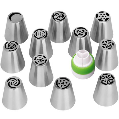 Kit 12 Bicos Russos Profissionais P/ Confeitar Inox + Adaptador
